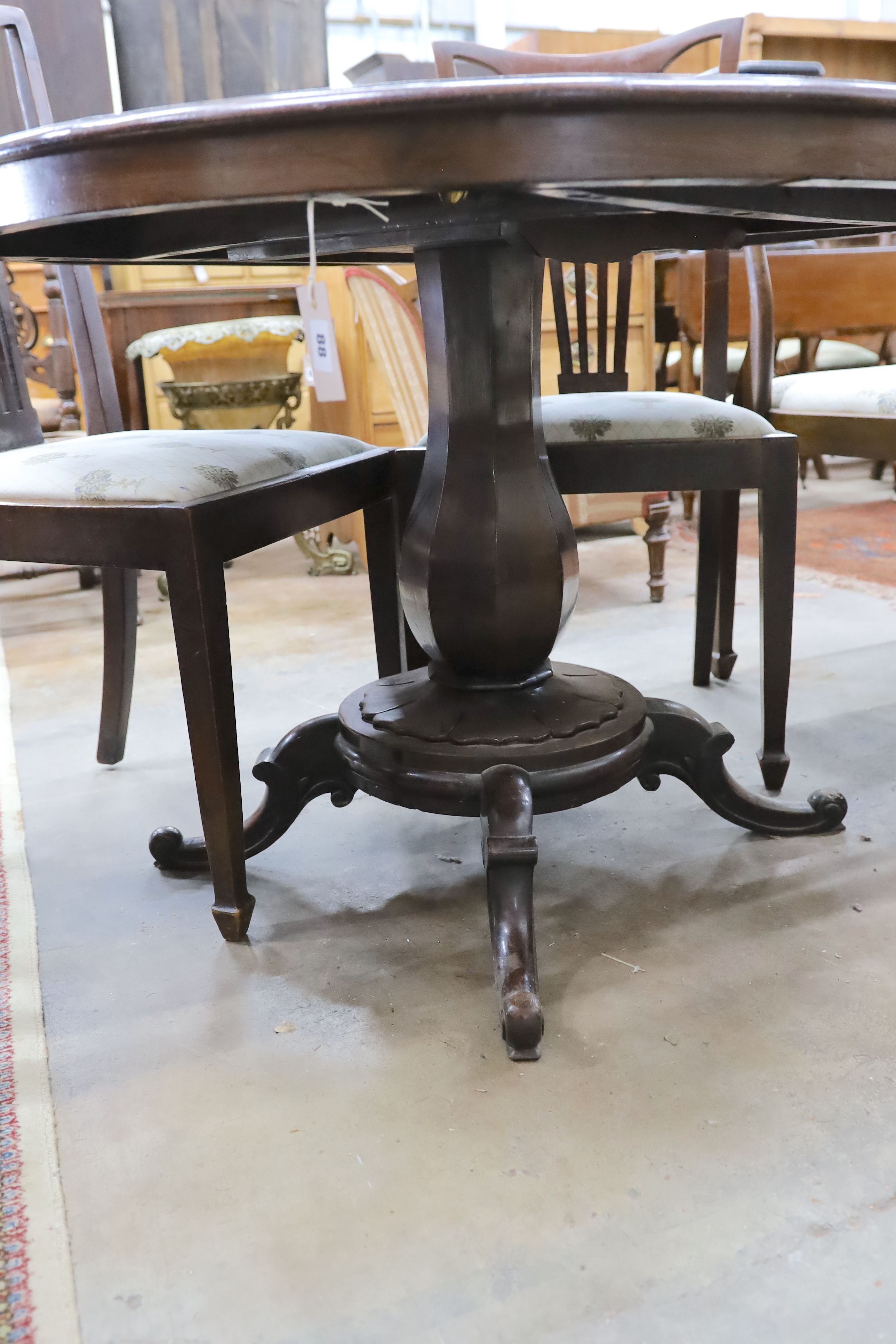 An mid 19th century yew wood circular centre table, diameter 104cm, height 71cm